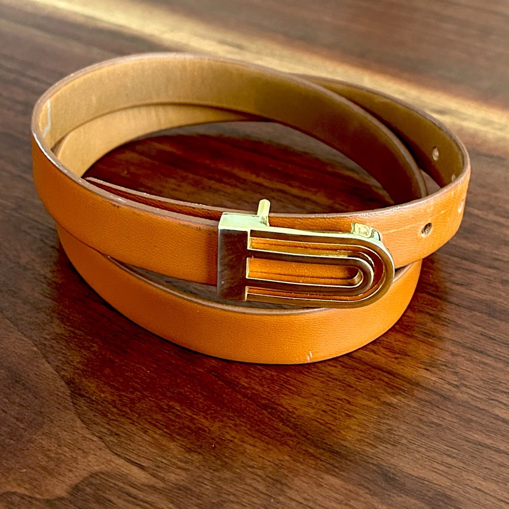L’Aiglon Vintage Tan Leather Belt with Gold & Silver Buckle Size 30
